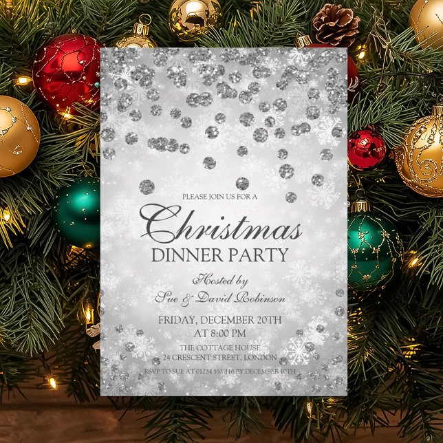 Convite Silver Diamantes e Festa de Natal Gliter (Silver Diamonds & Glitter Christmas Party Invitation)