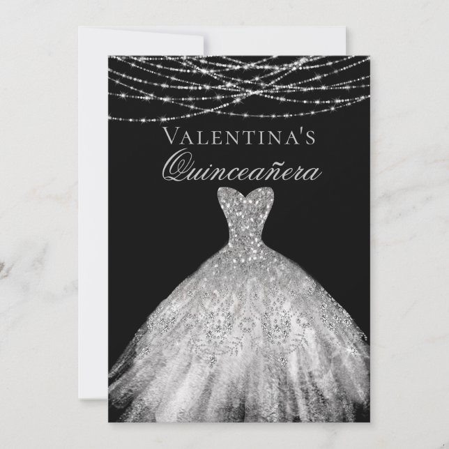 Convite Silver Diamond Sparkle Dress Quinceanera (Frente)