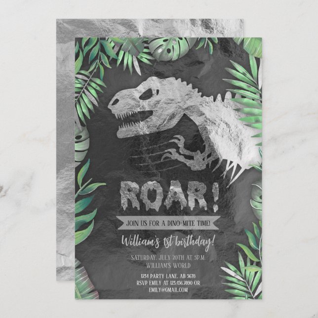 Convite Silver Dinosaur Roar Aniversário (Frente/Verso)