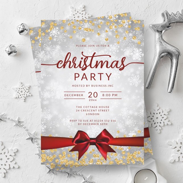 Convite Silver Dourado Winter Snowflakes Company Red Ribbo (Silver Gold Winter Snowflakes Company Red Ribbon Invitation)