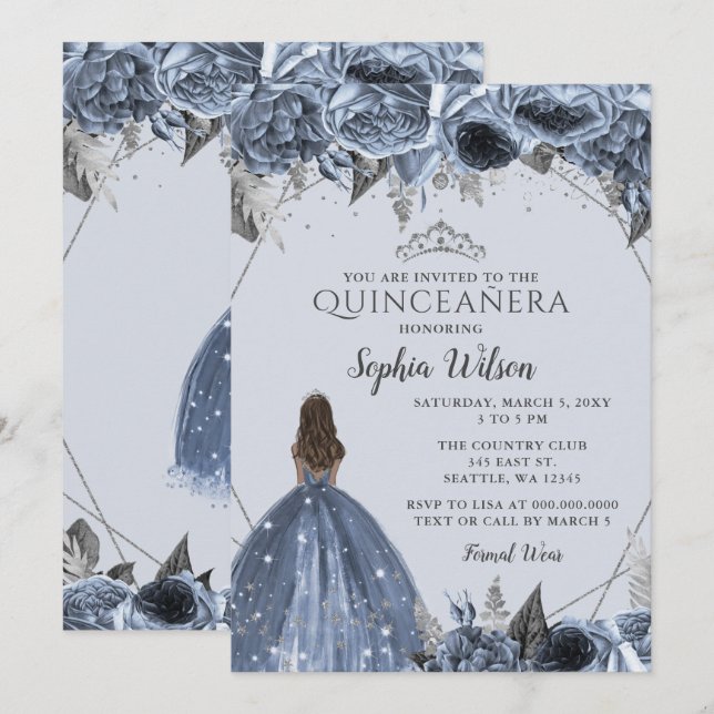 Convite Silver Dusty Blue Floral Princesa Quinceañera (Frente/Verso)