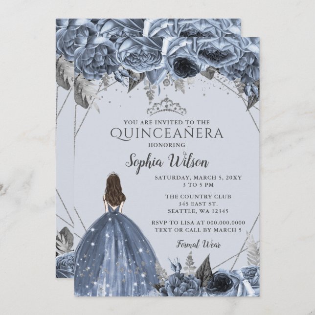 Convite Silver Dusty Blue Floral Princesa Quinceañera (Frente/Verso)