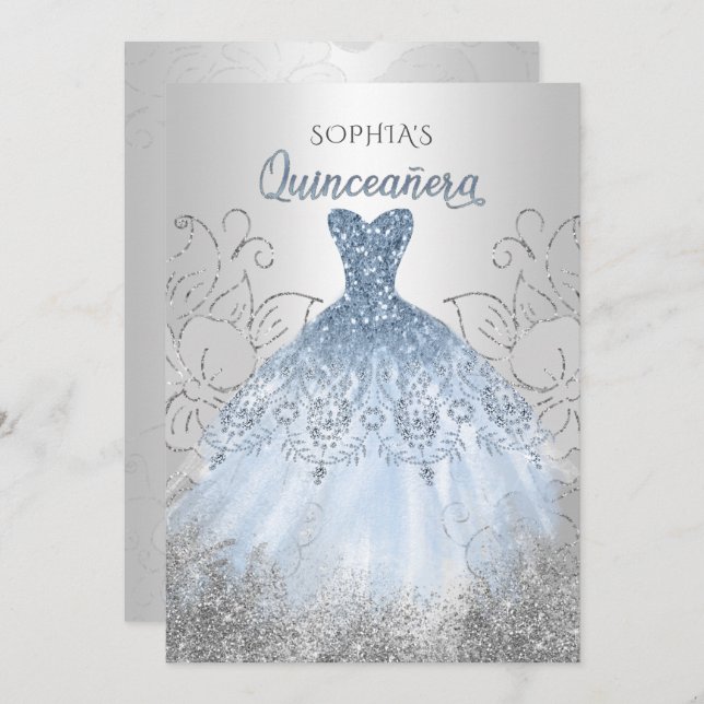 Convite Silver Dusty Blue Sparkasse Quinceañera Quince (Frente/Verso)