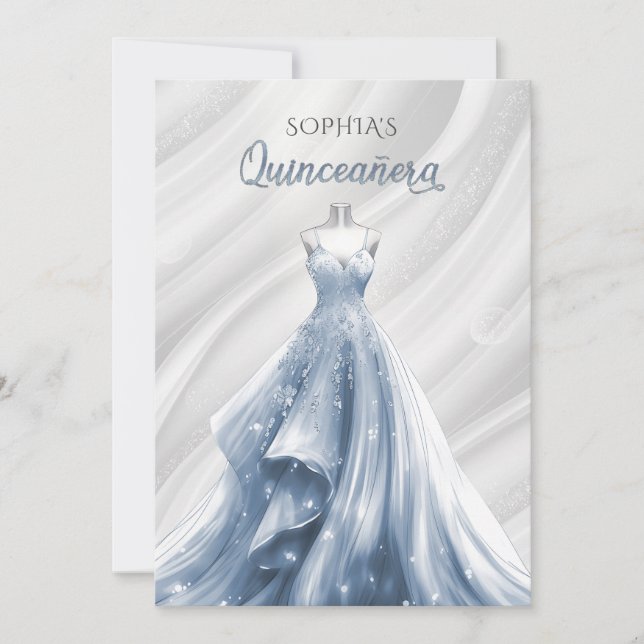 Convite Silver Dusty Blue Sparkasse Quinceañera Quince (Frente)