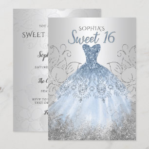 Convite Silver Dusty Blue Sparkle Vestido doce 16 anos