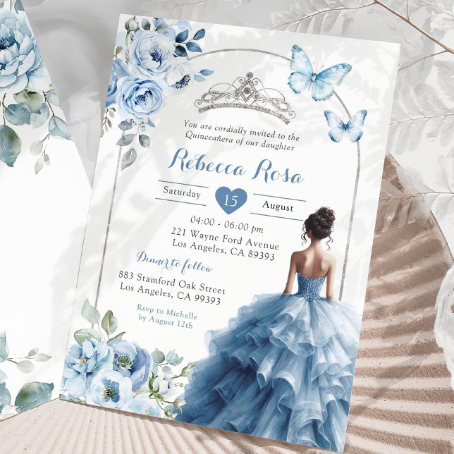 Convite Silver Dusty Borboleta Azul Elegante Quinceañera (Criador carregado)