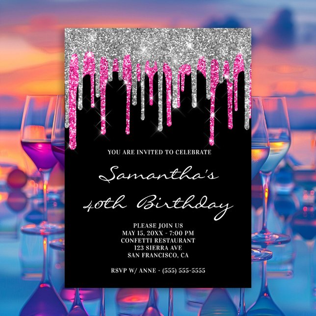 Convite Silver e Deep Pink Glitter Drives Negros Aniversár (Silver and Deep Pink Glitter Drips Black Birthday Invitation)