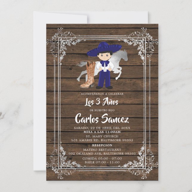 Convite Silver e Royal Blue Wood Charro Terceiro Aniversár (Frente)