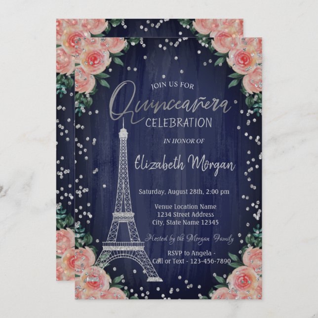 Convite Silver Eiffel Tower Diamantes Flores Quinceañera (Frente/Verso)