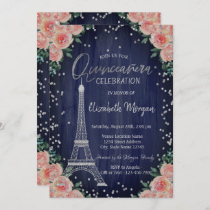 Convite Silver Eiffel Tower Diamantes Flores Quinceañera