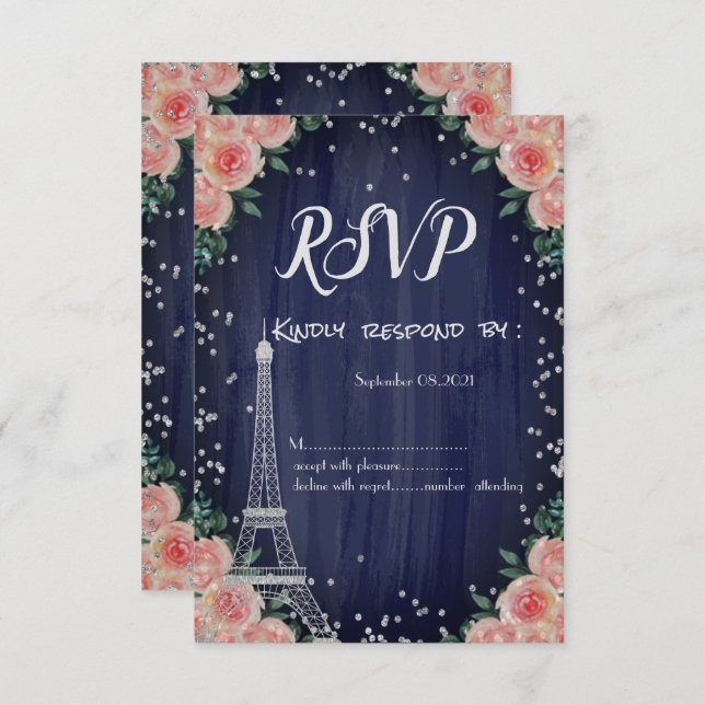 Convite Silver Eiffel Tower Diamantes Flores RSVP (Frente/Verso)