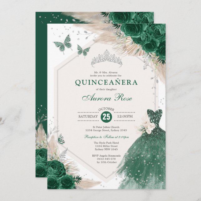 Convite Silver Emerald Green Boho Rosa Quinceañera (Frente/Verso)