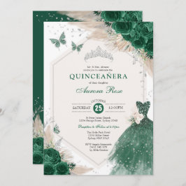 Convite Silver Emerald Green Boho Rosa Quinceañera
