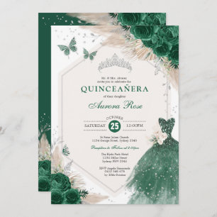 Convite Silver Emerald Green Boho Rosa Quinceañera
