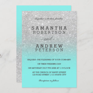 Convite Silver faux glitter teal ocean ombre casamento ent