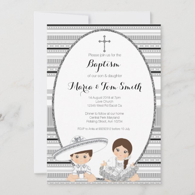 Convite Silver Fiesta Boy & Girl Baptism Christening (Frente)
