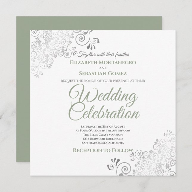 Convite Silver Filigree Sage Green & White Square Casament (Frente/Verso)