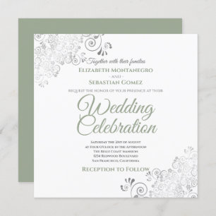 Convite Silver Filigree Sage Green & White Square Casament