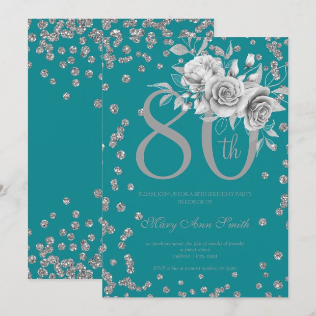 Convite Silver Floral & Confetti 80 Aniversário Teal (Frente/Verso)