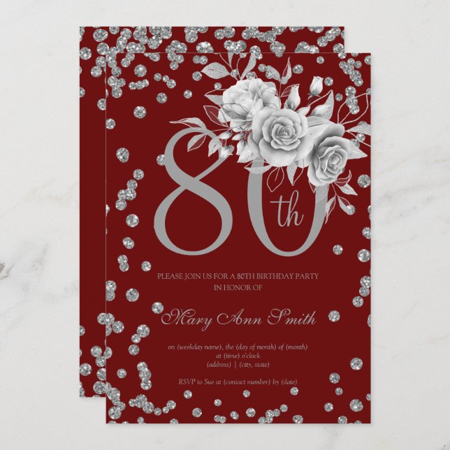 Convite Silver Floral & Confetti 80 Birthday Burgundy (Frente/Verso)