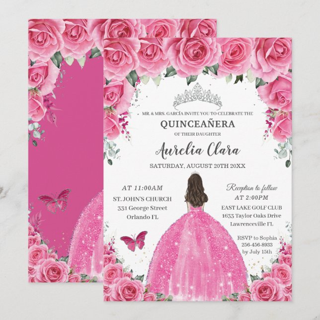 Convite Silver Floral de Fuchsia Rosa Quinceañera Princesa (Frente/Verso)