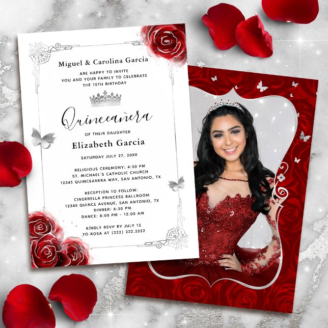 Convite Silver Floral Elegante e Foto Red Quinceanera (Easily add your own photo to the back, or use the space for extra event details.)