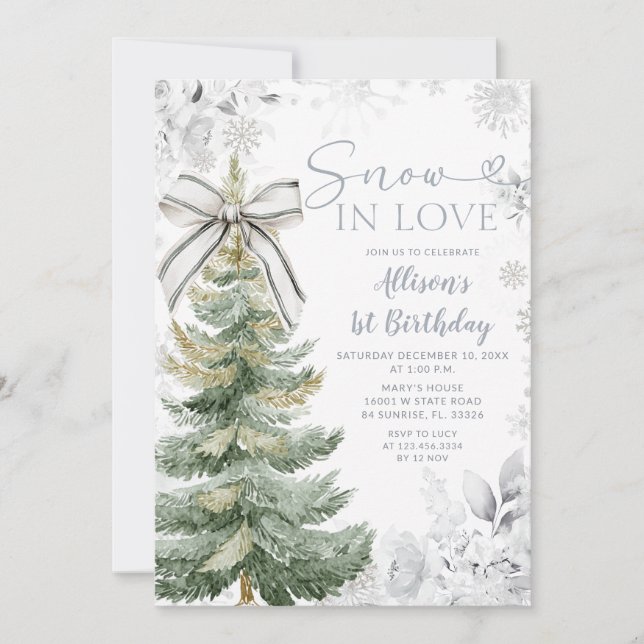 Convite Silver Floral Snow In Love Christmas Tree Birthday (Frente)