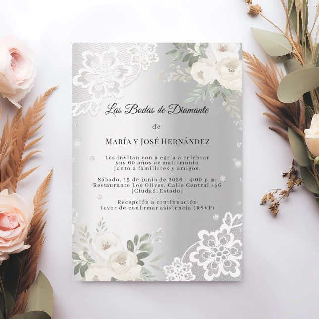 Convite Silver Florals Invitación Bodas de Diamante (Criador carregado)