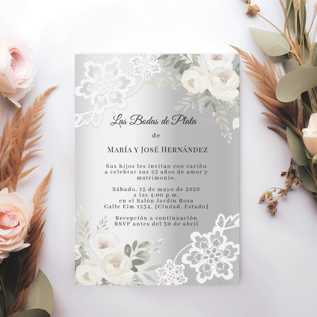 Convite Silver Florals Invitación Bodas de Plata (Criador carregado)