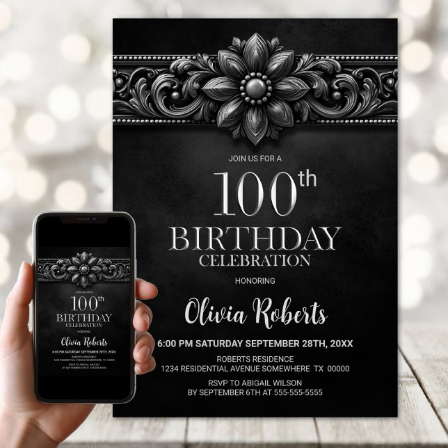Convite Silver Flower Black 100th Birthday Party (Criador carregado)