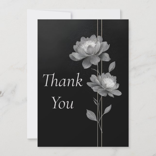 Convite Silver Flowers & Lines on Black Thank You Card (Frente)
