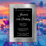 Convite Silver Foil e Black 50th Birthday<br><div class="desc">Crie o seu próprio convite para comemoração de aniversário de na moda de rico marco 5x7 para ela. Design de gráfico de arte digital em formato digital de folha de papel prateado decorativo em segundo plano. Um retângulo preto com cinza de prata escovou a tampa metálica do papel de ombre...</div>