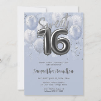 Convite Silver Foil Sweet 16 Balões de Aniversário Dusty B