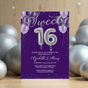Convite Silver Foil Sweet 16 Balões de Aniversário Roxo