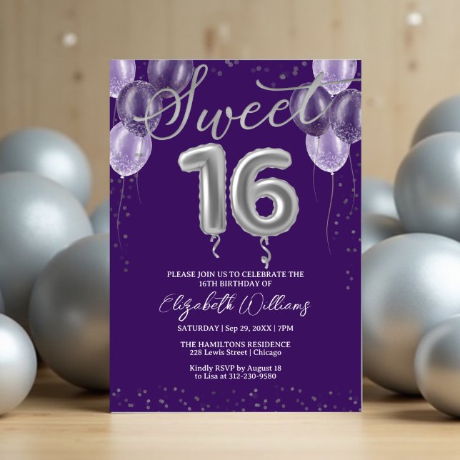 Convite Silver Foil Sweet 16 Balões de Aniversário Roxo (Criador carregado)