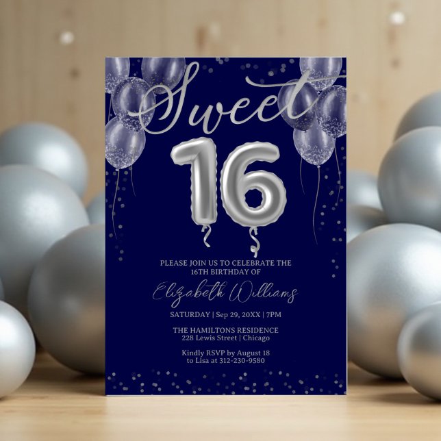 Convite Silver Foil Sweet 16 Balões de Aniversário Royal B (Criador carregado)
