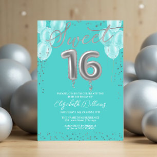 Convite Silver Foil Sweet 16 Balões de Aniversário Royal T