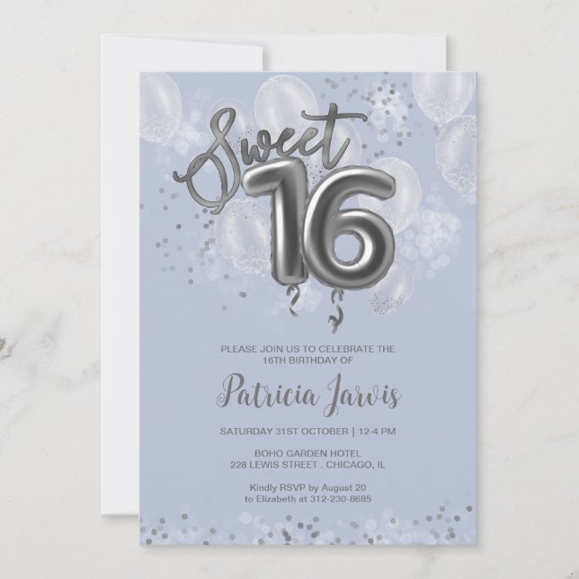 Convite Silver Foil Sweet 16 Balões Partido Dusty Blue (Frente)