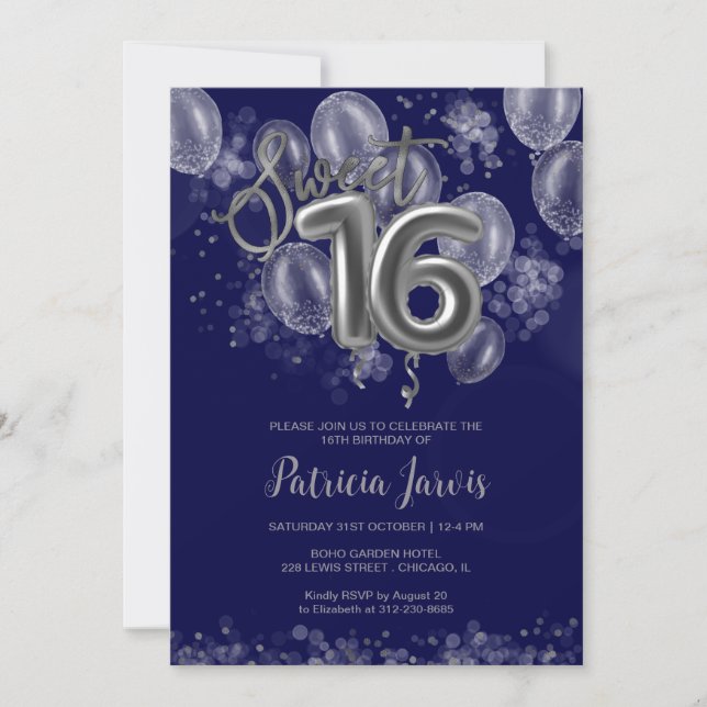 Convite Silver Foil Sweet 16 Balões Partido Royal Blue (Frente)