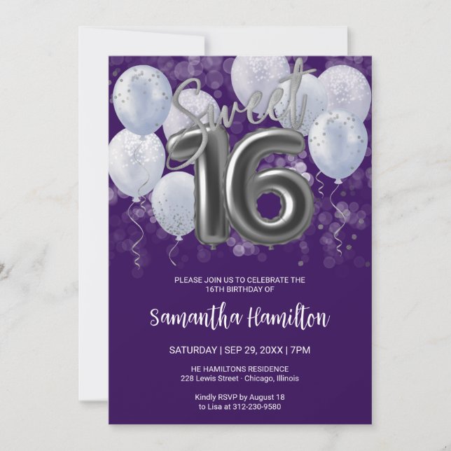 Convite Silver Foil Sweet 16 Bday Balloons Party Purple (Frente)