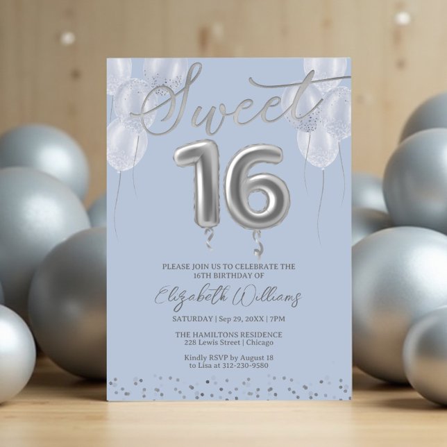 Convite Silver Foil Sweet 16 Birthday Balloons Party Blue (Criador carregado)