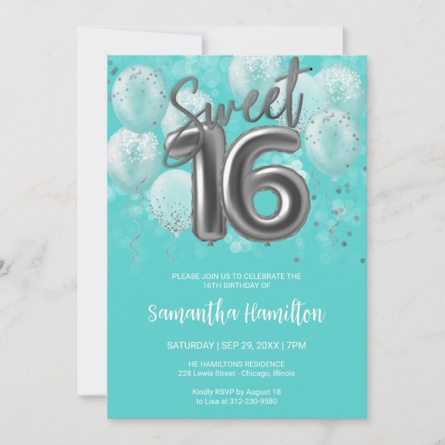 Convite Silver Foil Sweet 16 Birthday Balloons Party Teal (Frente)