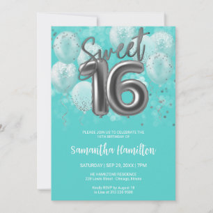 Convite Silver Foil Sweet 16 Birthday Balloons Party Teal