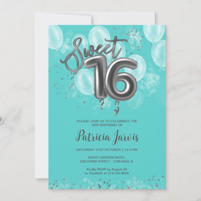 Convite Silver Foil Sweet 16 Birthday Balloons Party Teal (Frente)