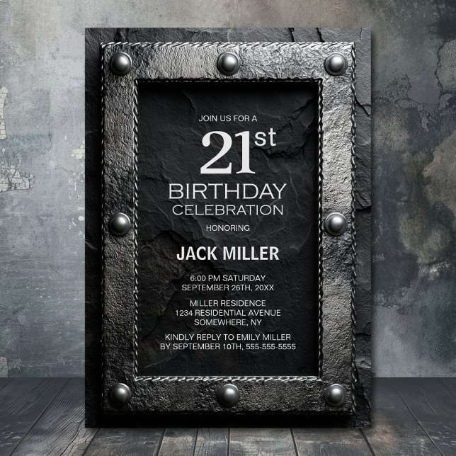 Convite Silver Frame Black Slate 21st Birthday Party (Criador carregado)