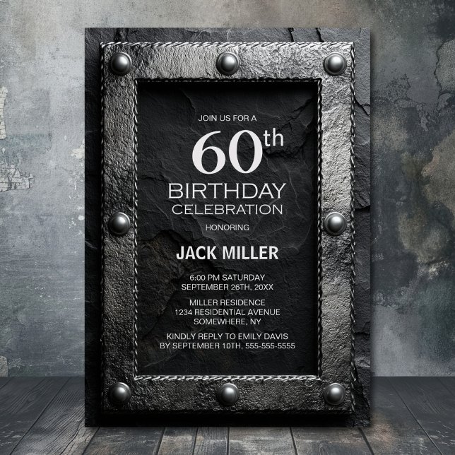 Convite Silver Frame Black Slate 60th Birthday Party (Criador carregado)