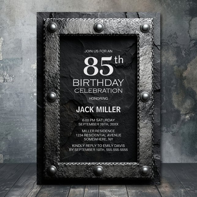 Convite Silver Frame Black Slate 85th Birthday Party (Criador carregado)
