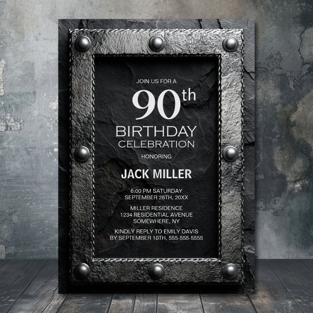 Convite Silver Frame Black Slate 90th Birthday Party (Criador carregado)