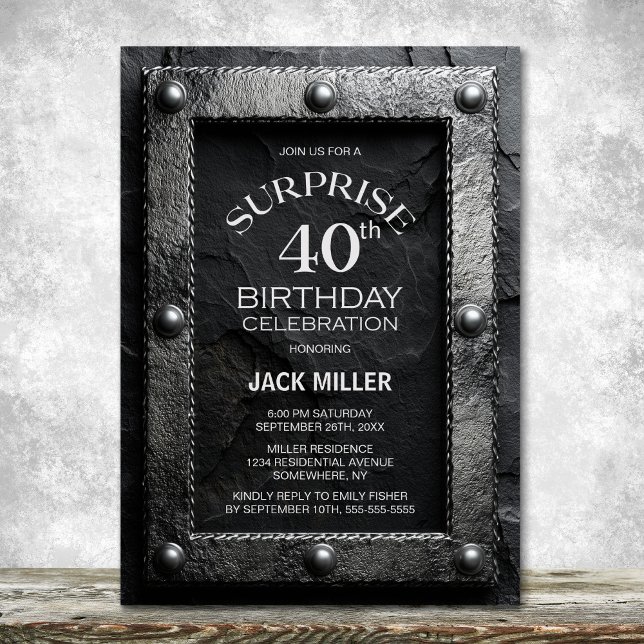 Convite Silver Frame Black Slate Surprise 40th Birthday (Criador carregado)