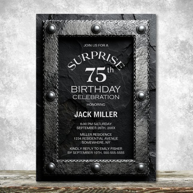Convite Silver Frame Black Slate Surprise 75th Birthday (Criador carregado)